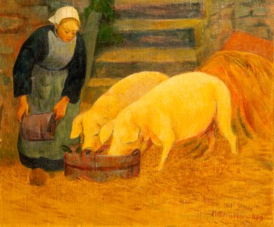 1889年に2頭の豚に餌をやる少女 作： Paul Sérusier