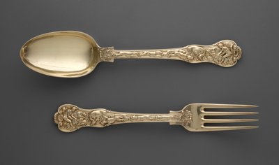 ハントシーンのあるデザートフォークとハントシーンのあるデザートスプーン、c.1822 作： Paul Storr