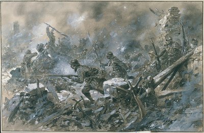 第一次世界大戦 (1914-1918): 「「1916 年にヴェルダンの前でヴォーの村での反撃」」」ポール ティリア パリの水彩画。 Musée, Des deux guerre mondiale DR - ヴェルダン近くのヴォー村でのフランス軍の反撃 作： Paul Thiriat
