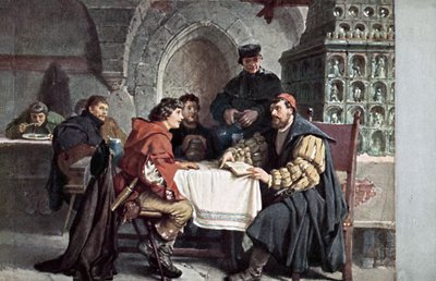 1522年3月、ドイツ、イェーナのガストホフデアバレンで学生と話しているマーティンルター 作： Friedrich Paul Thumann