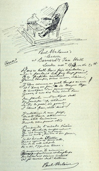 フランスの詩人ポール・ヴェルレーヌ（1844-1896）の詩のサインと、朗読会での代表者のスケッチ。21/11/1893 作： Paul Verlaine