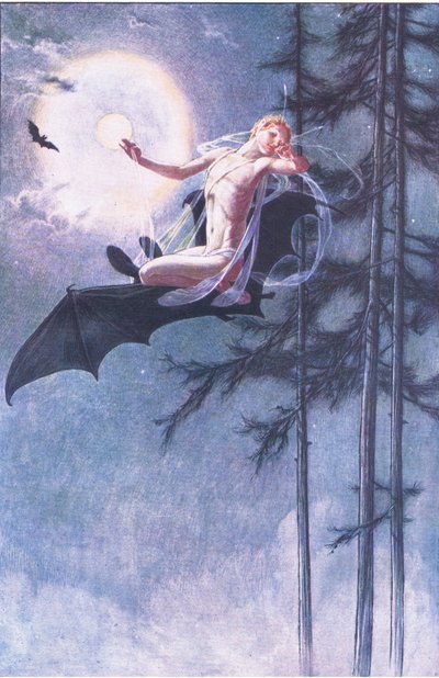 コウモリの背中に私は飛ぶ、テンペスト、1908年からのイラスト 作： Paul Vincent Woodroffe