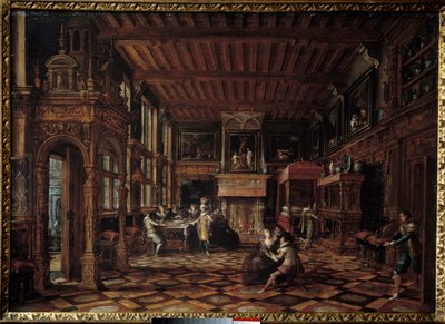 フランドルのインテリア。パウルス・フレッドマン・デ・フリース（1567-1630）の絵画 作： Paul Vredeman de Vries
