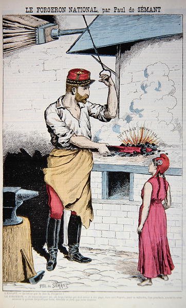 ブーランジェ将軍とマリアンヌを描いた「La Bombe」のイラスト、1889年のフランス選挙を題材にした風刺画、1889年6月9日(カラーリトグラフ) 作： Paul de Semant