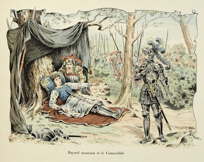 テオドール・カフ著、ポール・デ・セマン（1855-1915）画の「バイヤール騎士団の歴史」からの引用です。瀕死のバイヤールと1524年のブルボン公爵夫人 作： Paul de Semant