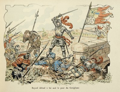 テオドール・カフ著、ポール・デ・セマン（1855-1915）画の「バイヤードの騎士譜」からの引用。1504年、ガリリャーノの橋だけを守るバイヤール 作： Paul de Semant