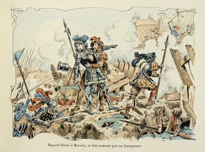 テオドール・カフ著、ポール・デ・セマン（1855-1915）画の「バイヤードの歴史」からの引用です。1512年、ランズクネットに支えられてブレシアを負傷するバイヤール 作： Paul de Semant