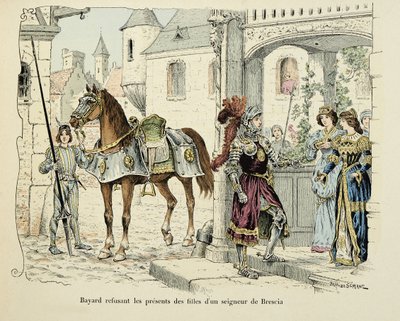 テオドール・カフ著、ポール・デ・セマン（1855-1915）画の「バイヤール騎士団の歴史」からの引用。ブレシアの領主の娘たちからのプレゼントを受け取るバイヤール 1512年 作： Paul de Semant