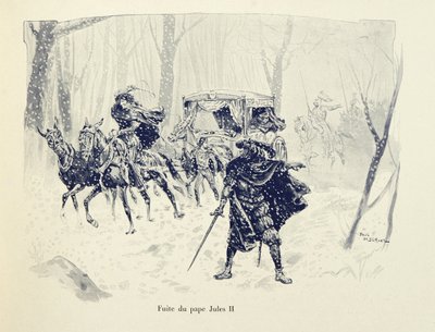 イラストはテオドール・カフ著、ポール・デ・セマン（1855-1915）画の「Histoire du chevalier Bayard」より引用。教皇ユリウス2世の飛行 作： Paul de Semant