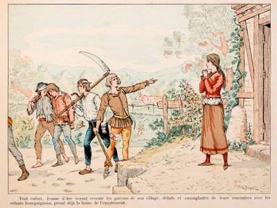 テオドール・カフ著、ポール・ド・セマン（1855-1915）絵の「ジャンヌ・ダルク」から引用したイラスト。子供のジャンヌは、村の子供たちがブルゴーニュ人との戦いで血まみれになるのを見て、侵略者への憎しみを抱きます。 作： Paul de Semant