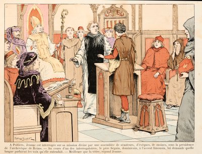 テオドール・カフ著、ポール・デ・セマン（1855-1915）絵の『ジャンヌ・ダルク』からの引用です。ポワチエのジャンヌ・ダルクが、ランスのアルシュベックの主宰する教会で尋問を受ける。 作： Paul de Semant