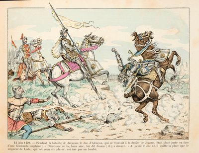 セオドア・カフ著、ポール・デ・セマン（1855-1915）絵による「ジョーン・オブ・アーク」からの引用：1429年6月12日 ジョーン・オブ・アークの前に行われたジャルジョーの戦いで、ルード公がボールによって殺害される。 作： Paul de Semant