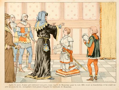 セオドア・カフ著、ポール・デ・セマン（1855-1915）絵の「ジャンヌ・アルク」からの抜粋。国王の戴冠式の後、ジャンヌは父に会って祝福を受け、住民を免除する国王の法律を父に提出する。 作： Paul de Semant