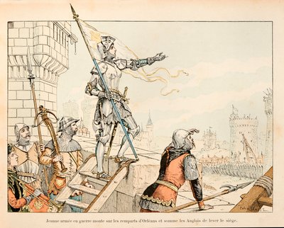 セオドア・カフ著、ポール・デ・セマン（1855-1915）絵の「ジョアン・オブ・アルク」からの引用。オルレアンの城壁の上で鎧を着たジョーン・オブ・アークがイギリス人に席を上げるように呼びかけている。 作： Paul de Semant