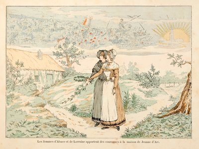 セオドア・カフ著、ポール・デ・セマン（1855-1915）絵の『ジョアン・オブ・アルク』から引用したイラスト。アルザスとロレーヌの女性たちがジョアン・アークの家に王冠を持っていくという、ジョアン・アークを偲ぶアレゴリー。 作： Paul de Semant