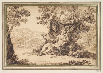 風景の中に座っている 2 匹の犬を持つ女性 作： Paul van Somer