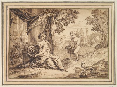 プットと一緒に柱の下に座っている女性 作： Paul van Somer