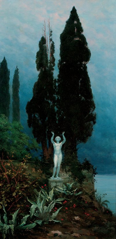 湖の風景の中の像 作： Paul von Spaun