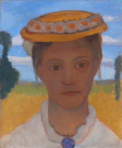 ヒナギクの花輪を帽子にかぶったアーティストのシスター ヘルマ、1901 年頃。 作： Paula Modersohn Becker