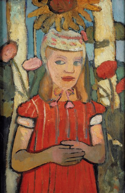 ひまわりの前で赤いドレスの女の子、1907年。 作： Paula Modersohn Becker