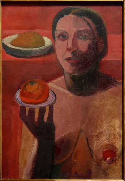 上げられた手に皿を持ったイタリア人女性の半幕 作： Paula Modersohn Becker