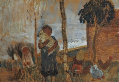 風景の前の子供と鶏。 1902年頃 作： Paula Modersohn Becker