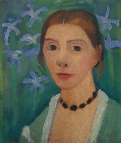 青い虹彩と緑色の背景の前で自画像 作： Paula Modersohn-Becker