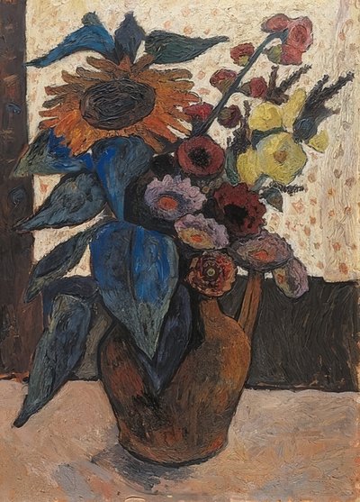 ひまわり、タチアオイとgeorginesのある静物。 1907 作： Paula Modersohn Becker