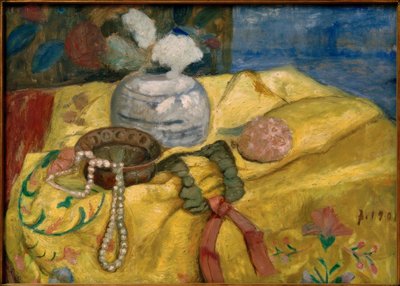 花と黄色の毛布と生姜ポットのある静物 作： Paula Modersohn Becker