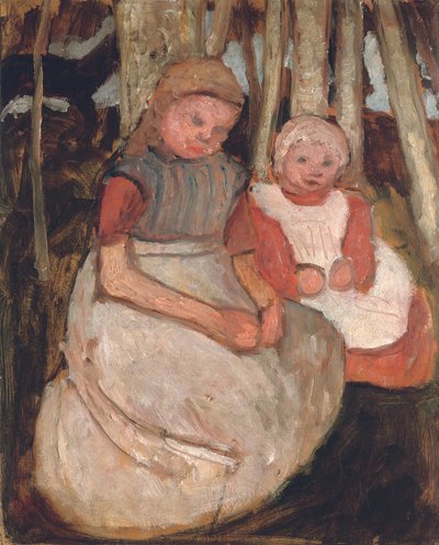 バーチトランクの前に座っている2人の女の子。白樺の幹の前に座った2人の少女、1904年 作： Paula Modersohn Becker