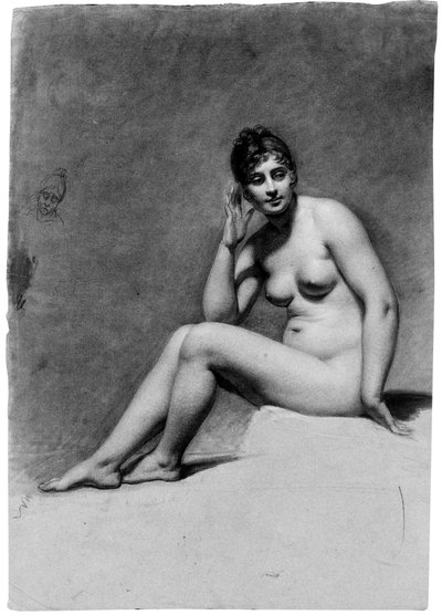 座った女性の裸体、彼女の頭は右を向いており、彼女の頭の似顔絵研究（紙にチョークで書く） 作： Pauline Auzou