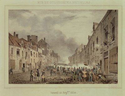 1830年9月25日日曜日、ブリュッセルのスカールベック通りで戦って、Dewasme-Pletinckxによって彫刻 作： Paulus Lauters