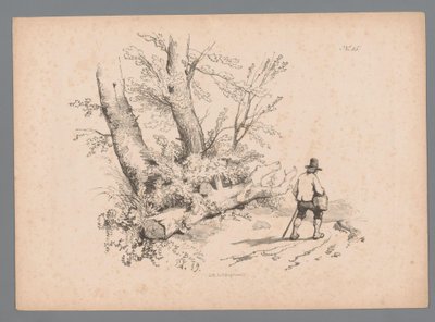 木のある風景と杖とバスケットを持つ男 Paulus LautersによるLandscape Studies (シリーズタイトル) Nouvelle suite de 40 études de paysages par P. Lauters (シリーズタイトル) 作： Paulus Lauters