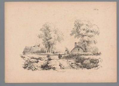 道路に 2 つの家と 2 人の人物がいる風景 Paulus LautersによるLandscape Studies (シリーズタイトル) Nouvelle suite de 40 études de paysages par P. Lauters (シリーズタイトル) 作： Paulus Lauters
