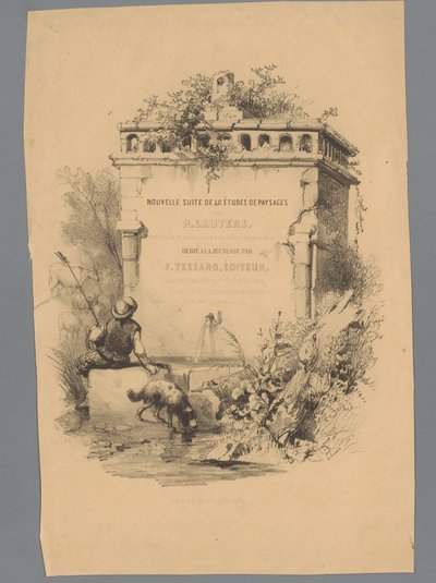 噴水の端に座っている犬を持つ男 Paulus LautersによるLandscape Studies (シリーズタイトル) Nouvelle suite de 40 études de paysages par P. Lauters (オブジェクトのシリーズ タイトル) 作： Paulus Lauters
