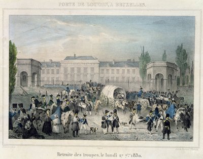 1830年9月27日、ブリュッセルのブリュッセルポルトドルーヴァン：後退したオランダ軍、Dewasme-Pletinckxによって彫刻 作： Paulus Lauters