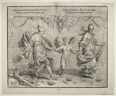 2人の寓話的な女性とのキューピッドダンス、1612年。 作： Paulus Moreelse