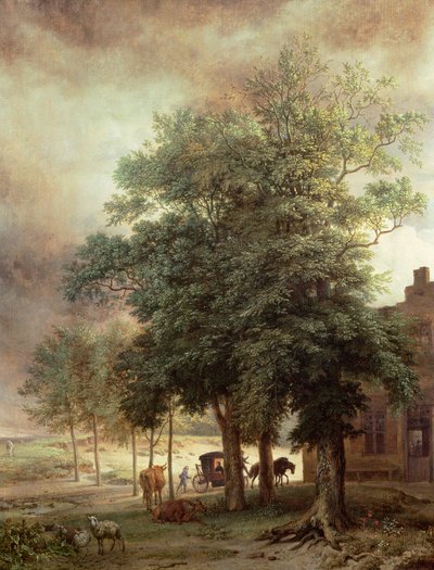 木々の向こうに馬車または家のある風景 作： Paulus Potter