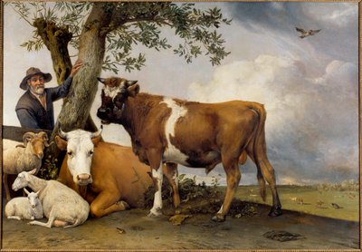 若い雄牛 羊飼いとその家畜、ベリエ、子羊、牛、雄牛。ポール・ポッター(1625-1654)による絵画 1647 Sun.2,36x3,39 m The Hague.マウリッツハイス 作： Paulus Potter