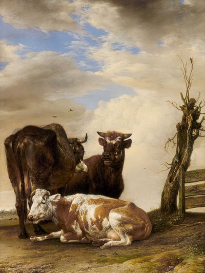 草原のフェンス脇の2頭の牛と若い雄牛 作： Paulus Potter