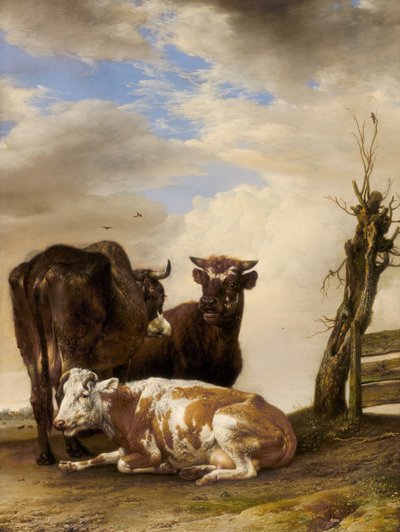 牧草地のフェンスのそばにある 2 頭の牛と若い雄牛、1647 年。 作： Paulus Potter