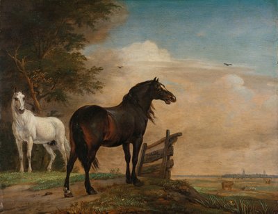 門の近くの牧草地にいる 2 頭の馬 牧草地の門の近くの 2 頭の馬 作： Paulus Potter