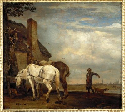 農家の小屋の前で2頭の馬。 作： Paulus Potter