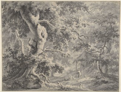 小屋の近くに 2 人の人物がいる森の景色 作： Paulus van Liender