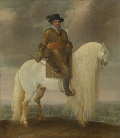 ニーウポルトの戦いで勝利し、贈られた白い戦闘馬に座るモーリス王子。 作： Pauwels van Hillegaert