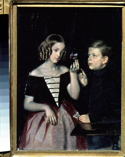 「蝶を熟考する 2 人の Gerbin の子供の肖像」Pavel Fedotov (1815-1852) による絵画 1851 年頃 国立ロシア美術館、サンクトペテルブルク 作： Pavel Andreevich Fedotov