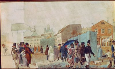 モスクワの雨の中のストリート シーン。 Pavel Andreyevich Fedotov (1815-1852) の作品、紙に水彩 作： Pavel Andreevich Fedotov