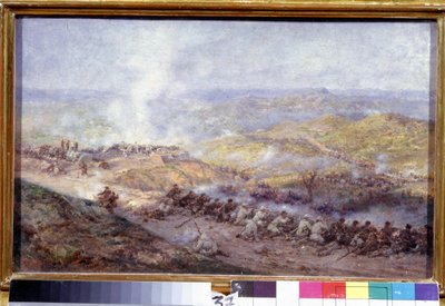 ロシア トルコ戦争 (1876-1878) からのシーン (ロシア トルコ戦争のシーン)。 1877年のプレヴェン（またはブルガリアのプレヴナ）の包囲中に、ロシア軍とオスマン帝国の兵士が衝突したバルカン半島の戦場。 作： Pavel Osipovich Kovalevsky