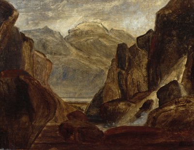 滝のあるフィヨルドの風景（キャンバスに油彩） 作： Peder Balke