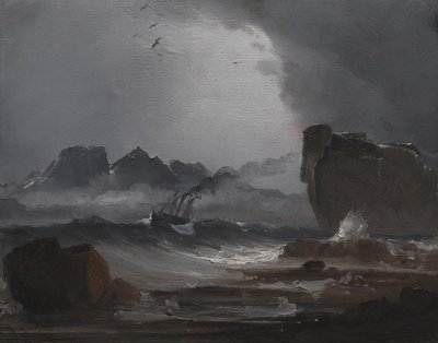 ノルウェーの海岸近くの汽船のある荒海 作： Peder Balke